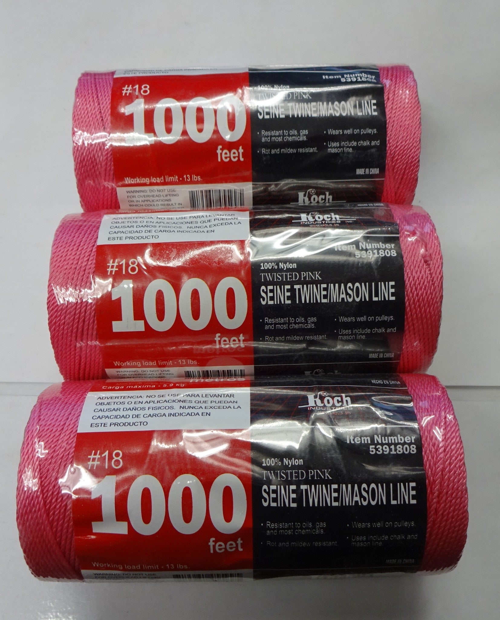 Koch Industries 5391808 Nylon Twisted Pink Mason Line #18 By 1000 Feet 3 Rolls