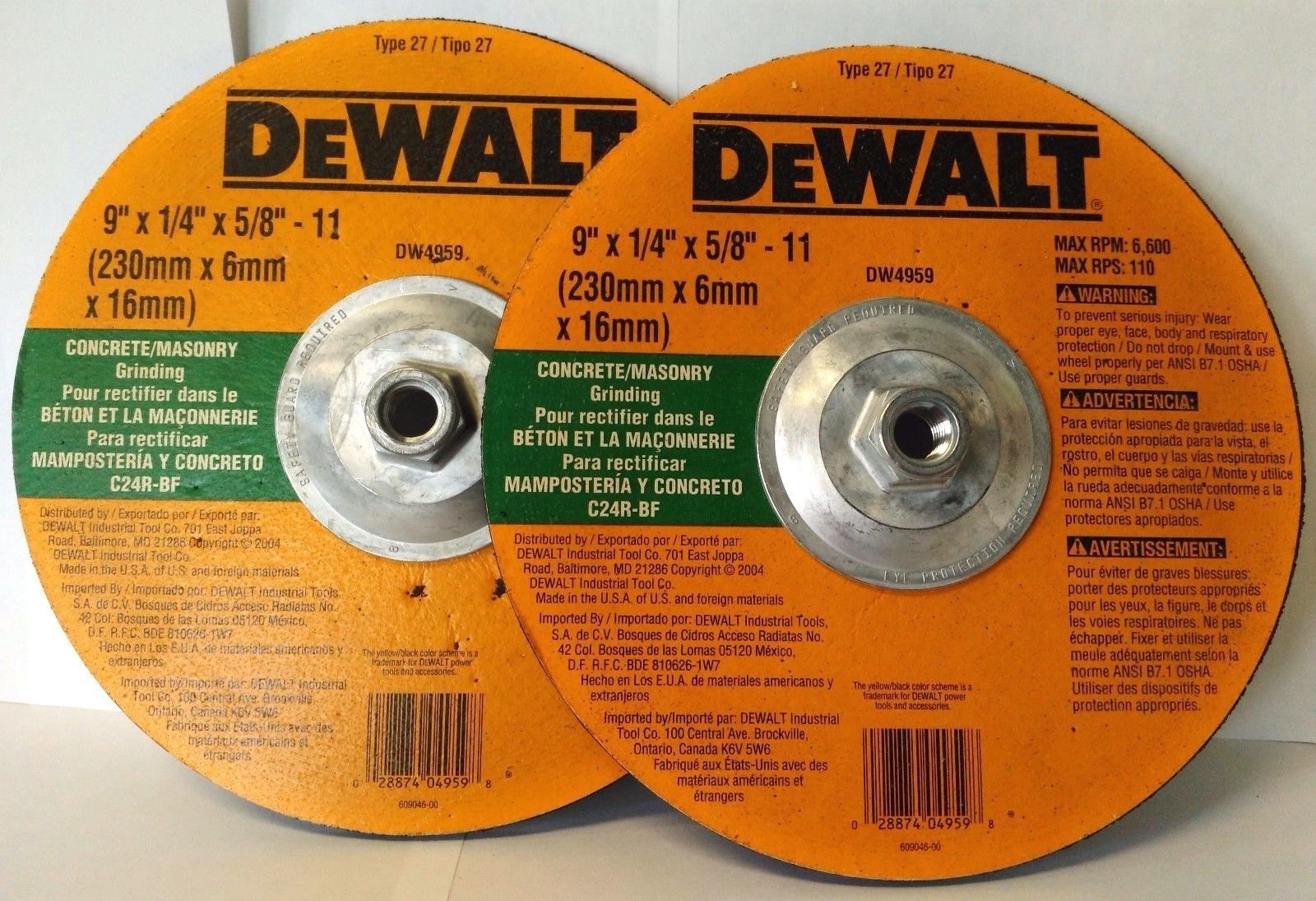 DeWalt DW4959 9" x 1/4" x 5/8"-11 Concrete / Masonry Grinding Wheels USA 2PCS