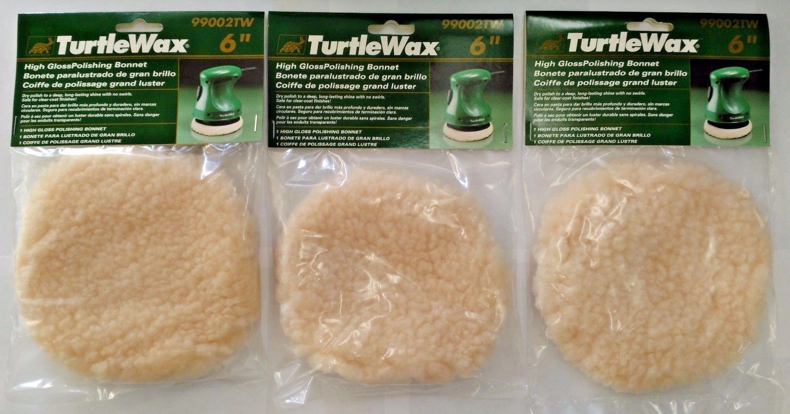 TurtleWax 99002TW 6" High Gloss Polishing Wool Bonnet 3PKS