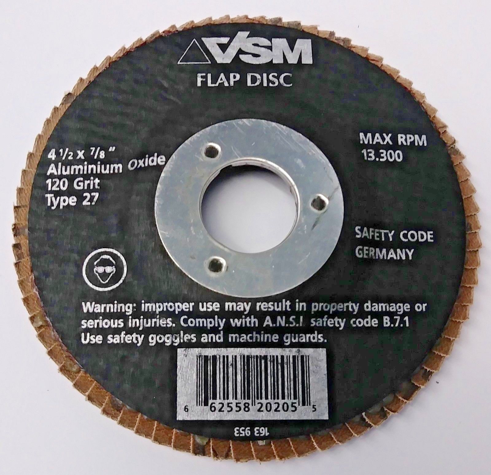 VSM 163 953 4-1/2" x 7/8" Aluminum Oxide 120 Grit Type 27 Flap Disc Germany