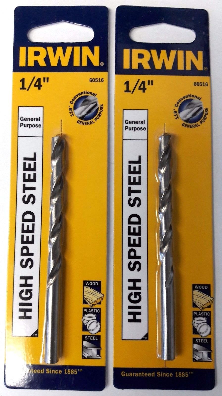 Irwin 60516 1/4" General Purpose Wood Light Steel Plastic Drill Bit 118 Deg 2PCS