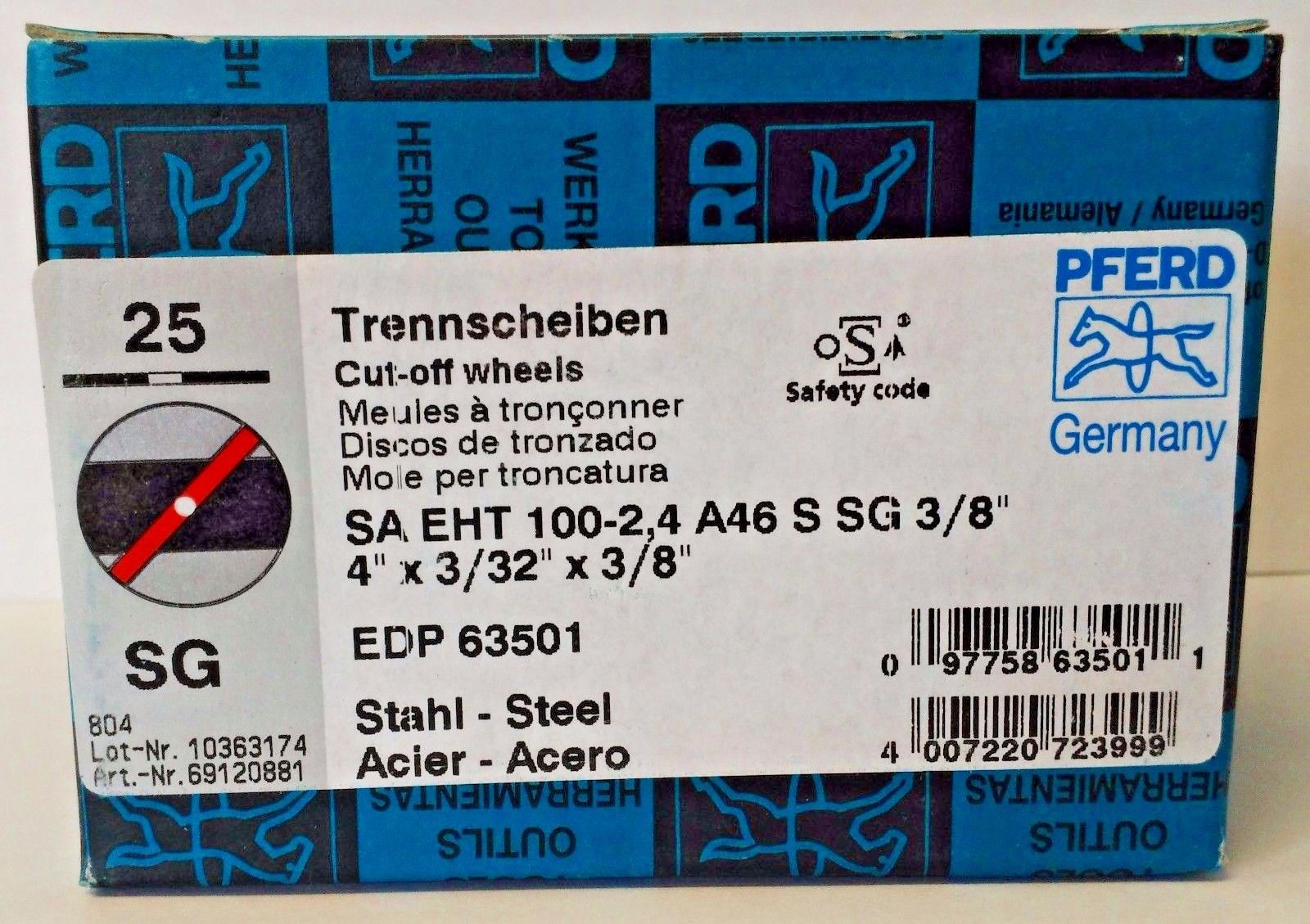 Pferd 63501 4" 3/32" x 3/8" Metal Cut-Off Wheels 3/8 Arbor Germany 25 Wheels