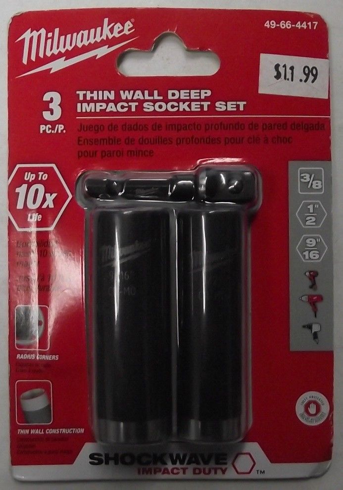 Milwaukee 49-66-4417 3/8" Drive Thin Wall Deep Shockwave Impact Socket Set - 3pc