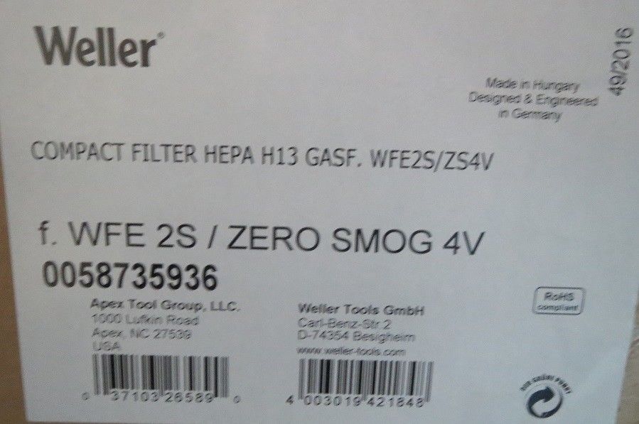 Weller 0058735936 Compact H13 Hepa-Gas Filter For Zero Smog