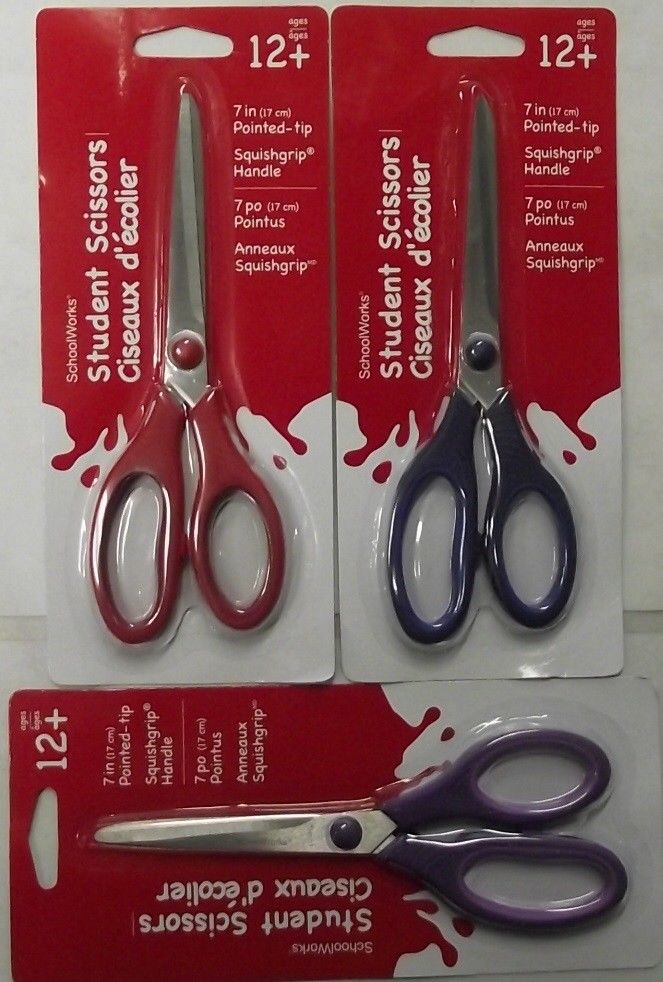 SchoolWorks 153530 Squishgrip Scissors 7" Pointed Tip 3pcs. Asst Colors
