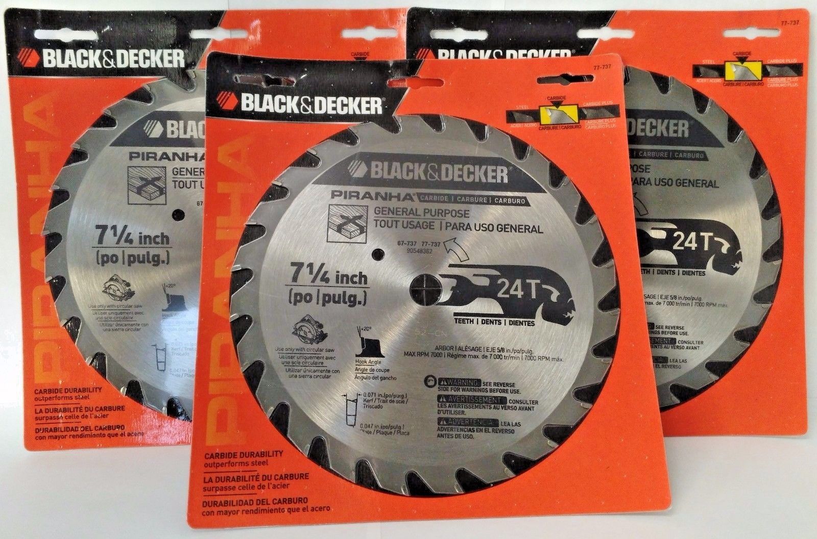 Black & Decker 77-737 Piranha 7-1/4" x 24 Tooth Carbide Circular Saw Blade 3Pcs