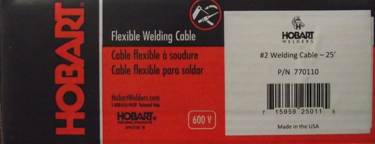 Hobart 770110 Welding Cable Welding #2 25-Feet Bulk USA