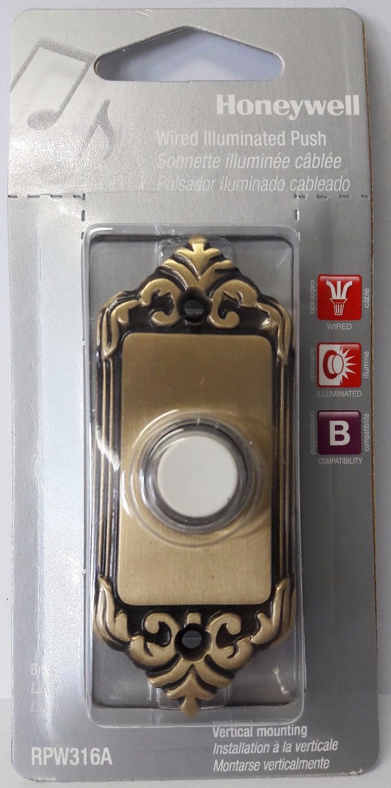 Honeywell RPW316A Brass Wired Illuminated Push Door Bell Button
