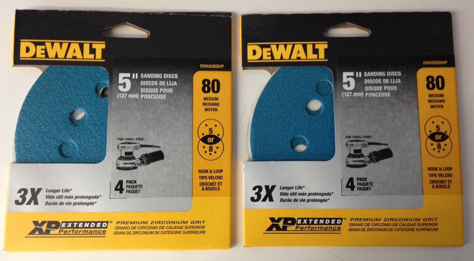 Dewalt DWAS58084P 5" 80 Grit 5 or 8 Hole Hook & Loop Sanding Discs 2 Packs of 4