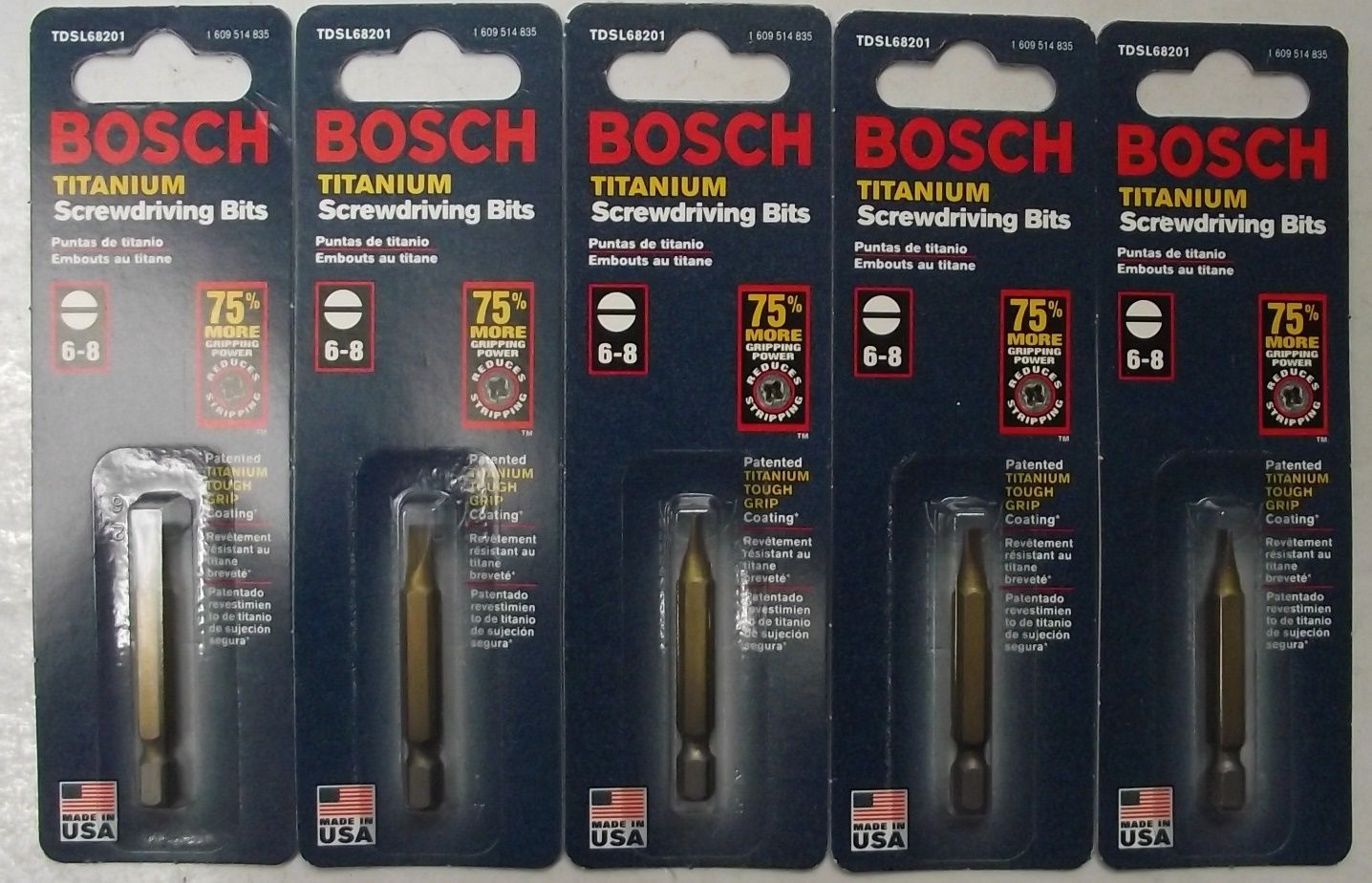 Bosch TDSL68201 6-8 x 2" Slotted Titanium Screw Tip BIts 5pcs. USA