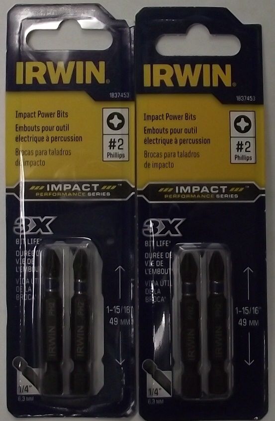 Irwin 1837453 #2 2 Piece Phillips 1-15/16 Impact Power Bits 2-2 Packs