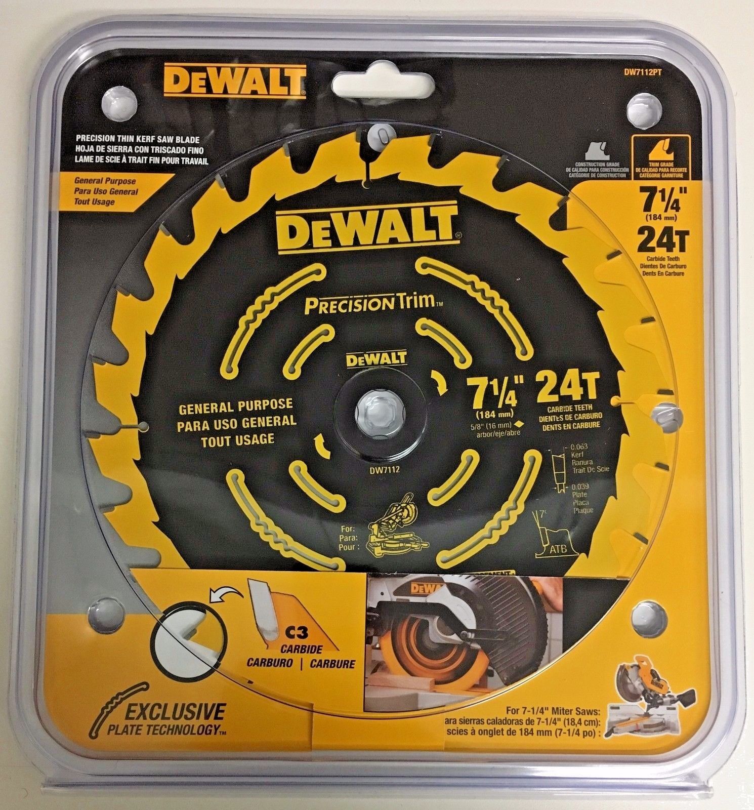Dewalt DW7112PT 7-1/4" x 24T Precision Trim Saw Blade 5/8" Arbor Carbide Teeth