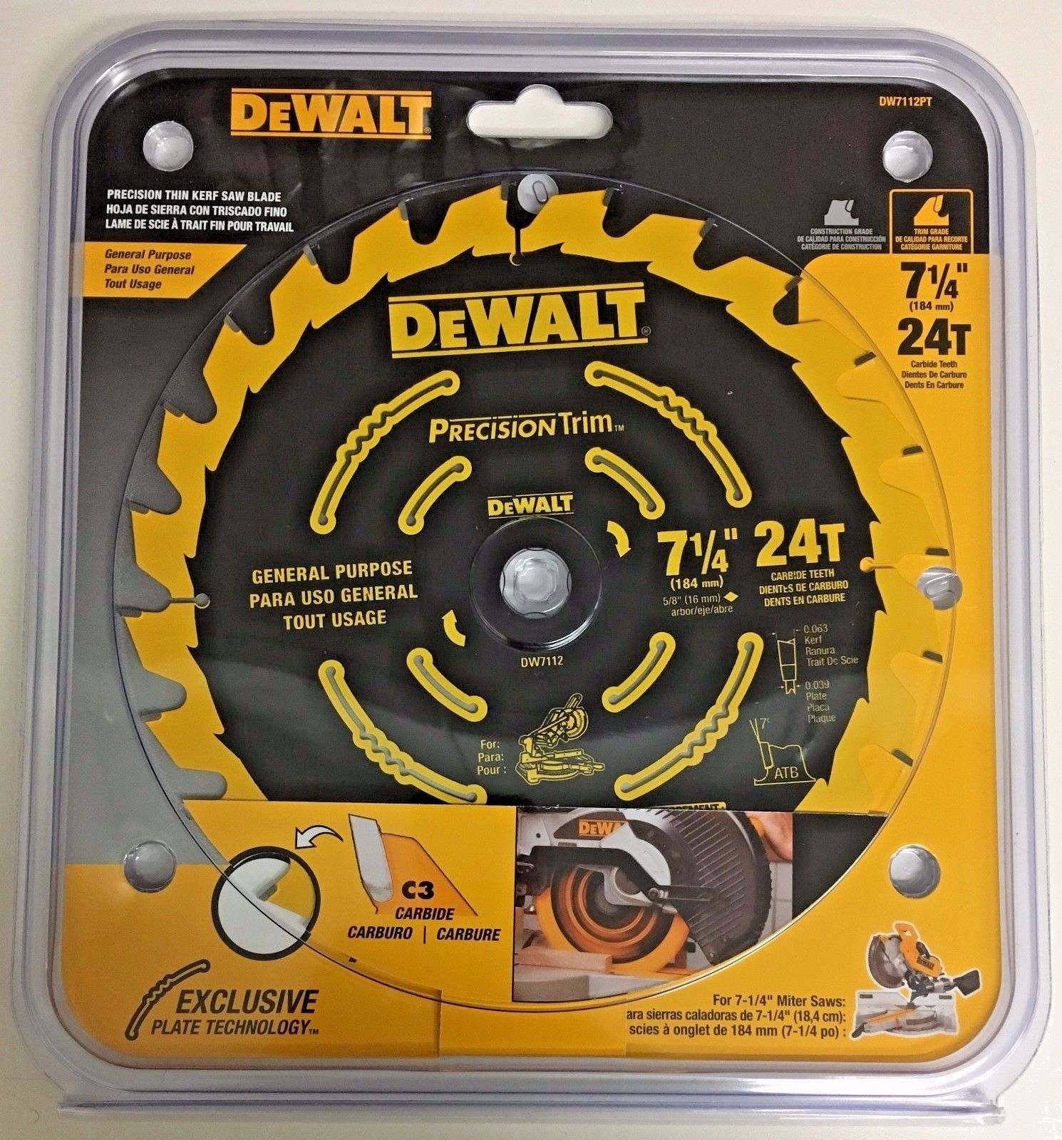 Dewalt DW7112PT 7-1/4" x 24T Precision Trim Saw Blade 5/8" Arbor Carbide Teeth
