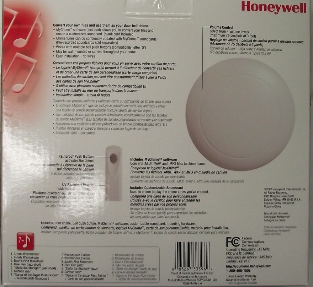 Honeywell RCWL2200A My Chime Wireless Door Chime & Push Button Programmable