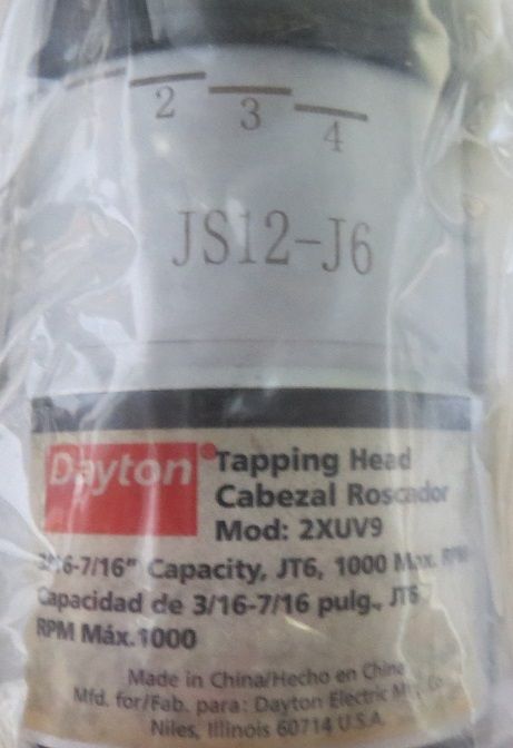 DAYTON 2xuv9 Tapping Head 6JT 1000 MAX RPM 3/16-7/16 Cap