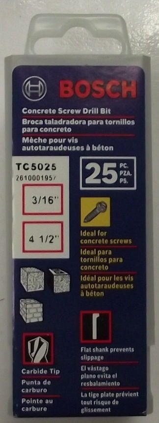 Bosch TC5025 3/16" x 4 1/2 Concrete Screw Drill Bit 25 Pack