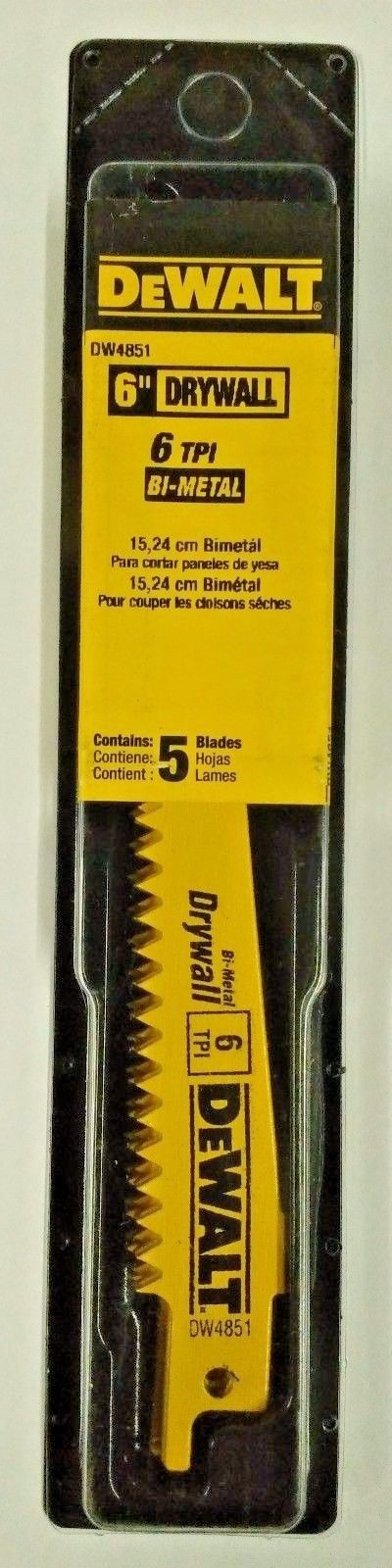 DeWalt DW4851 6" x 6 TPI Drywall Bi-Metal Reciprocating Saw Blades 5 Pack