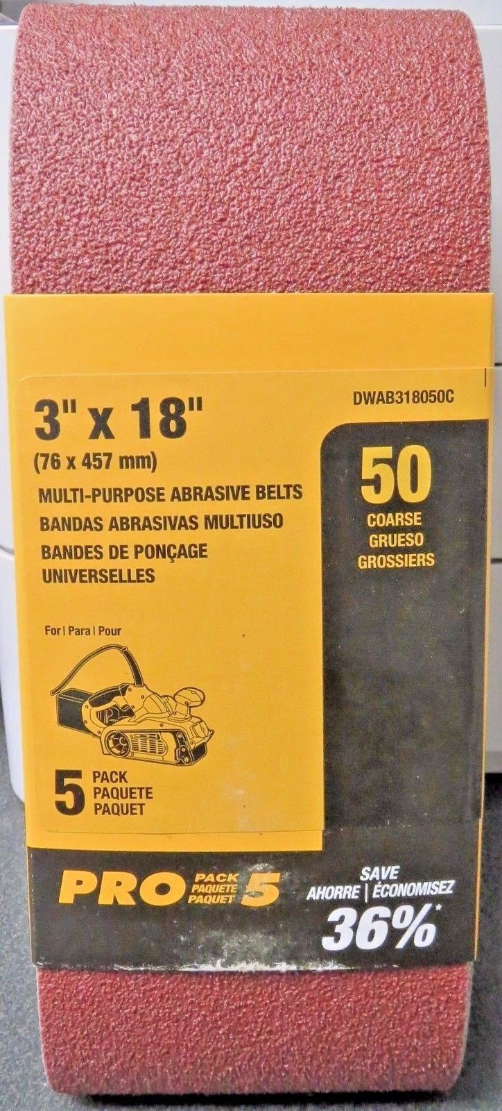 Dewalt DWAB318050C 3" x 18 Abrasive Sanding Belts 50 Grit 5 Pack