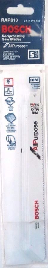 Bosch RAP810 8" 10 TPI 5 Pack Bi-Metal Reciprocating Saw Blades Swiss