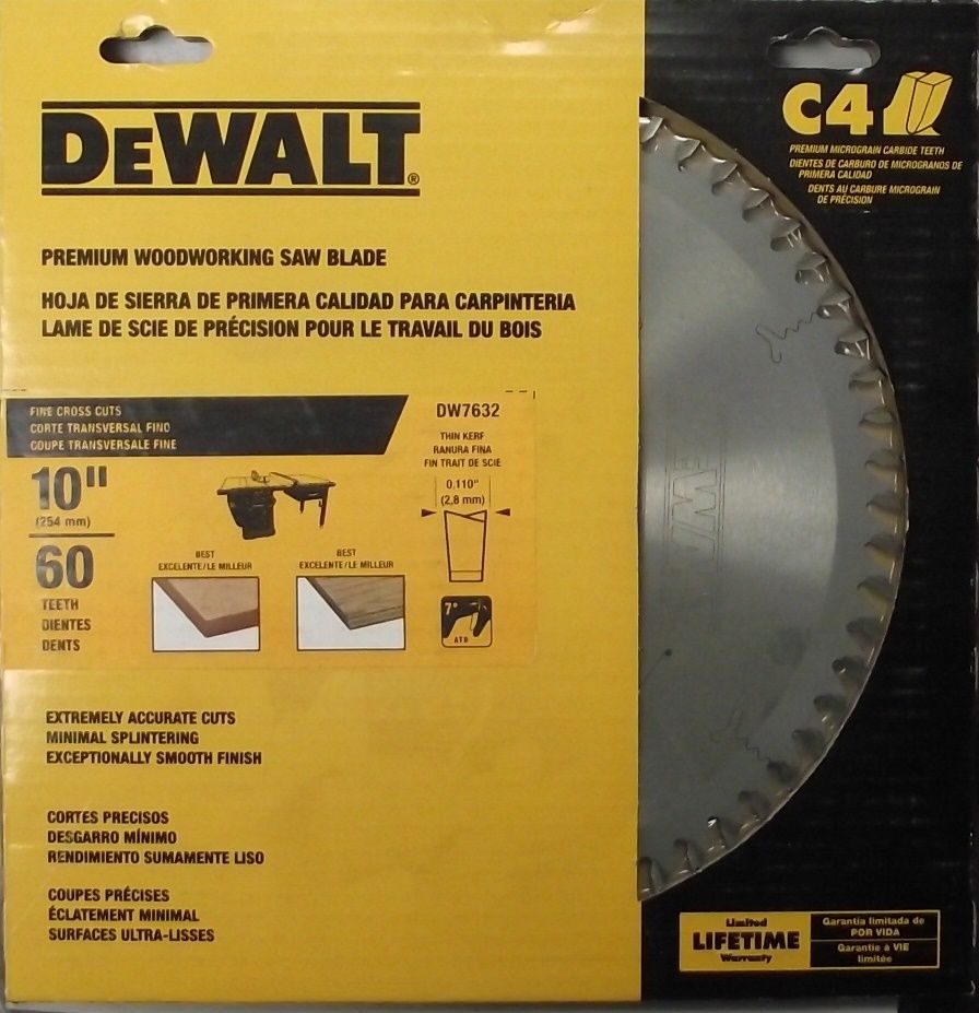DeWalt DW7632 10" x 60 Tooth Fine Cross Cut Thin Kerf Saw Blade USA