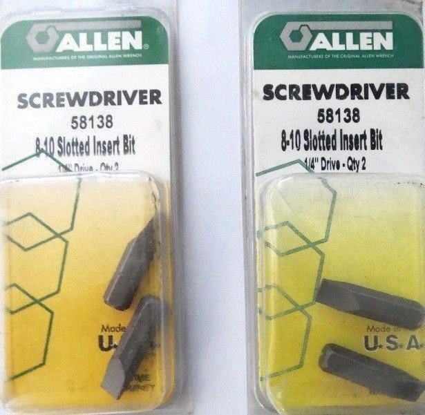 Allen 58138 2 PK 8-10 Screwdriver Slotted Insert Bits 1/4" Drive 2 Packs USA