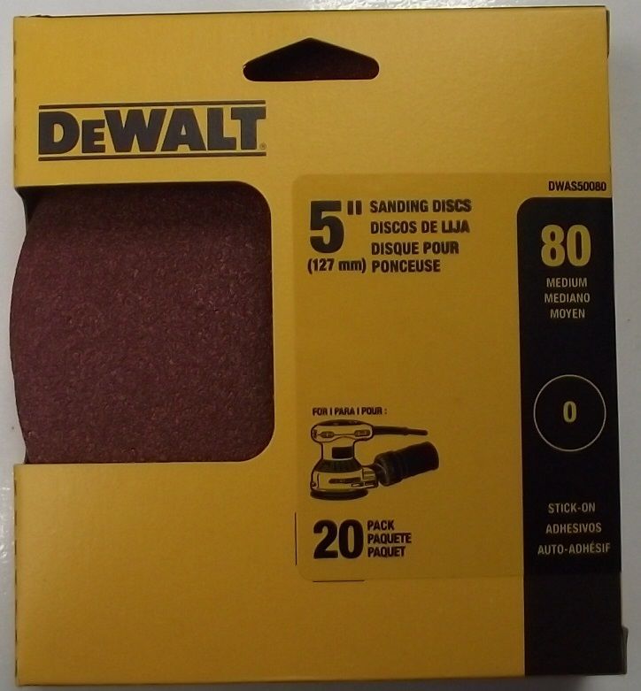 Dewalt DWAS50080 5" x 80 Grit Sanding Discs No Hole Stick-on 20 Pack