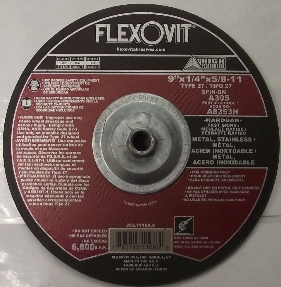 Flexovit A8353H 9" x 1/4" x 5/8-11 Metal Stainless Grinding Wheel USA