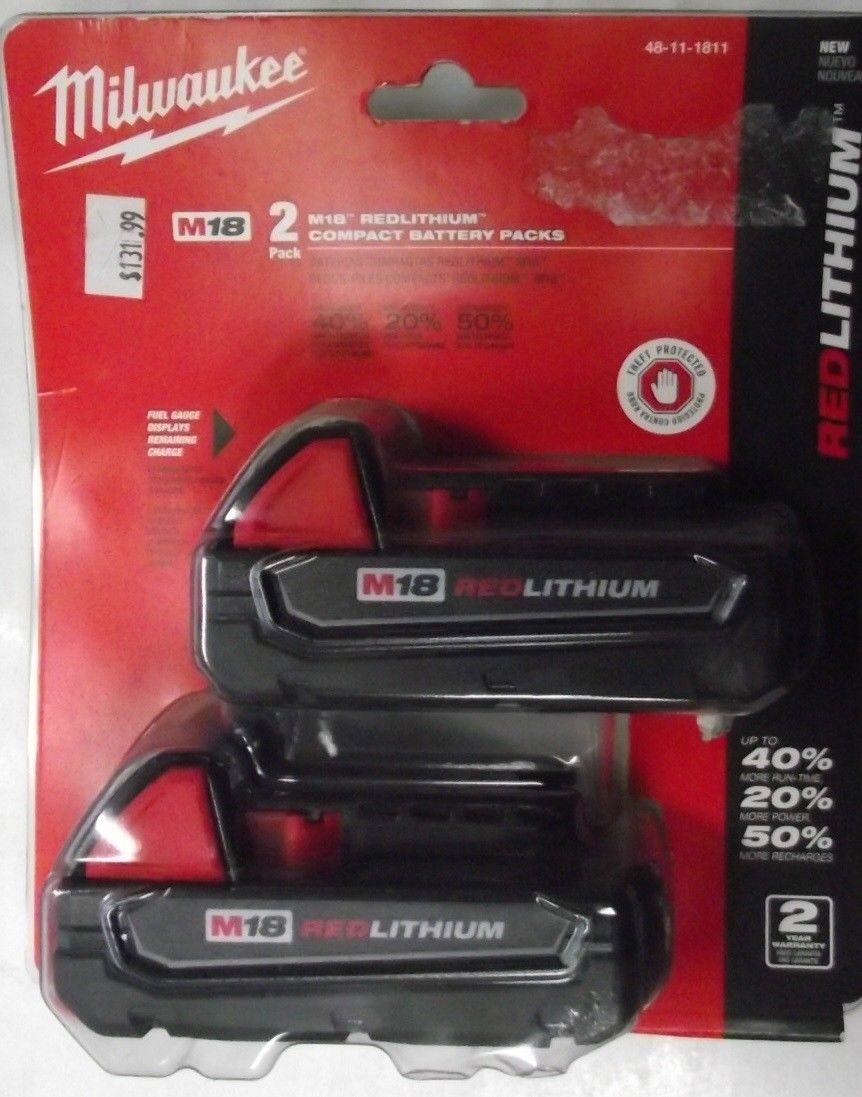 Milwaukee 48-11-1811 M18 18-Volt 1.5Ah REDLITHIUM Compact Battery - 2 Pack
