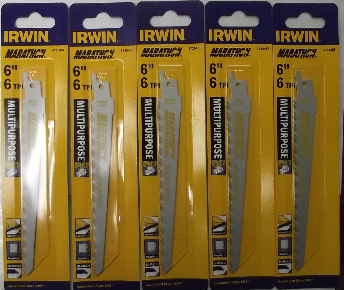 Irwin 372645F 6" x 6-TPI Bi-Metal Multipurpose Reciprocating Saw Blade 5pc Swiss