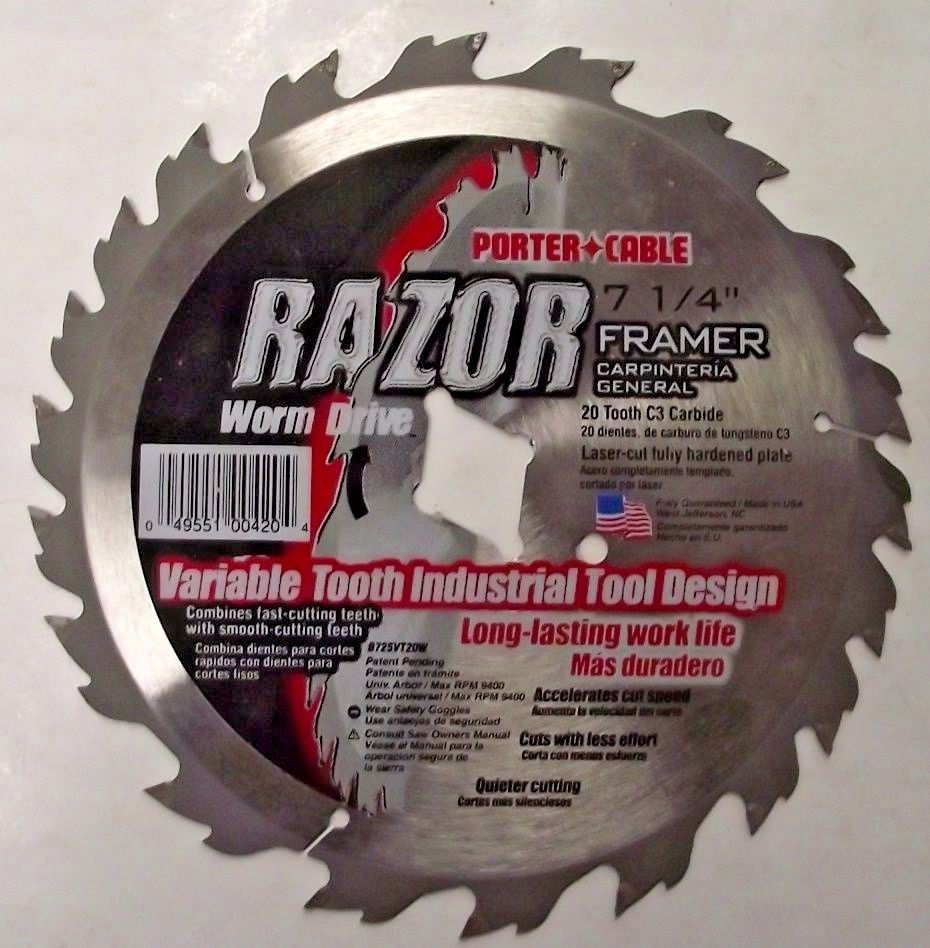 Porter Cable Razor 725VT20W 7-1/4 x 20 Carbide Circular Saw Blade Worm Drive USA