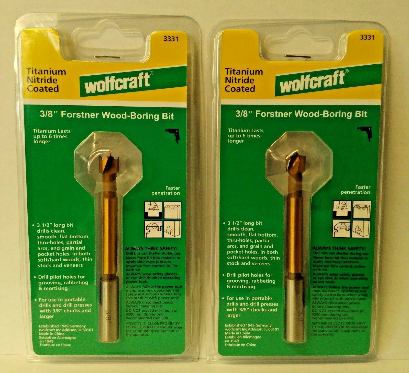 Wolfcraft 3331 3/8" x 3½" Titanium Nitride Coated Forstner Wood Boring Bit 2PKS