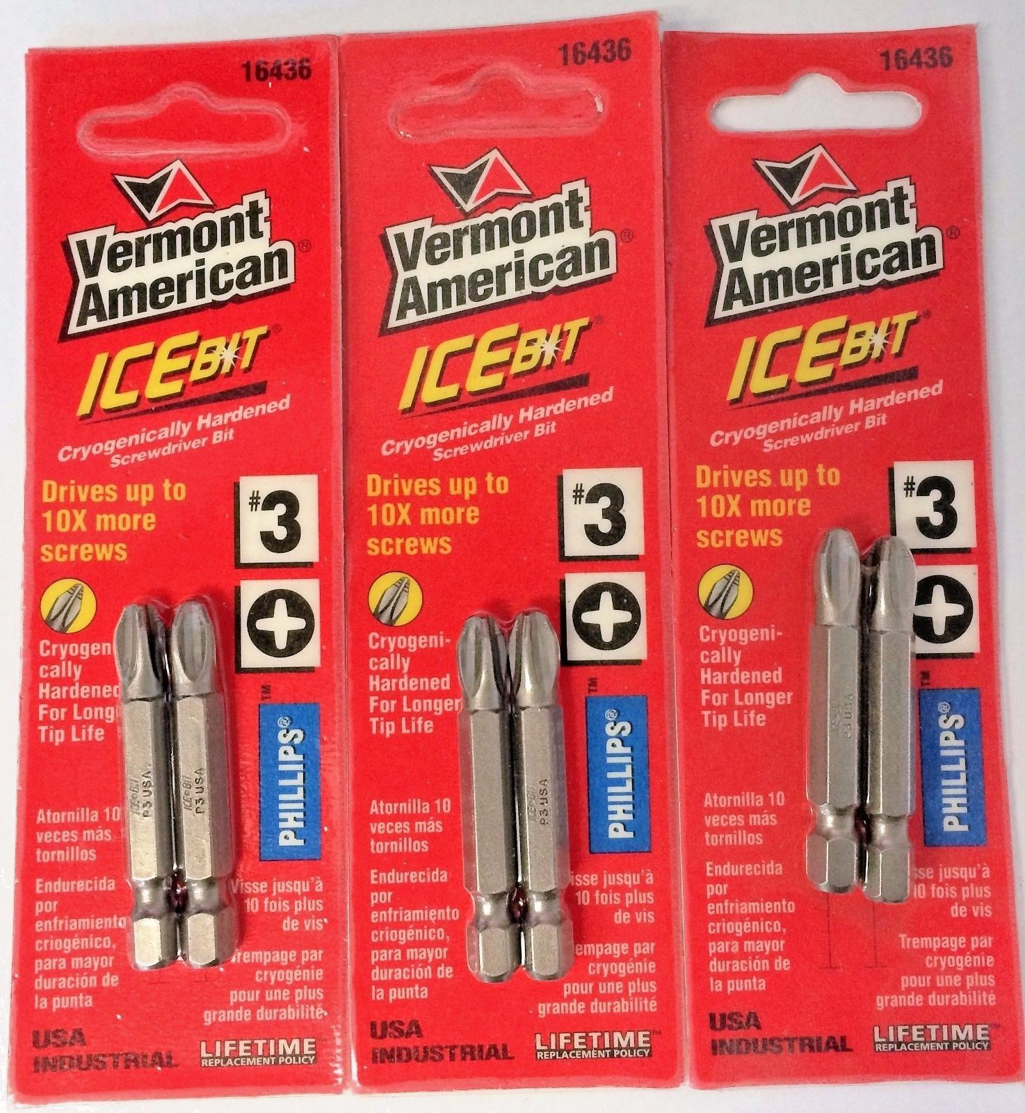 Vermont American 16436 #3 Phillips x 2" Ice Bits Screw Tips USA 3 Packs of 2