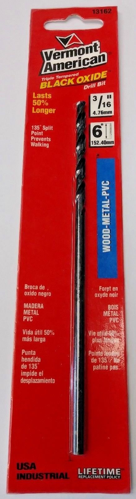Vermont American 13162 3/16" x 6" Black Oxide Wood / Metal / PVC Drill Bit