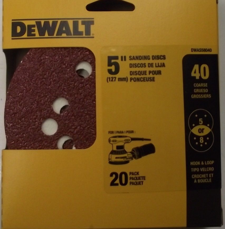DEWALT DWAS58040 40-Grit 5" Disc Sandpaper 5 Or 8 Hole 20-Pack