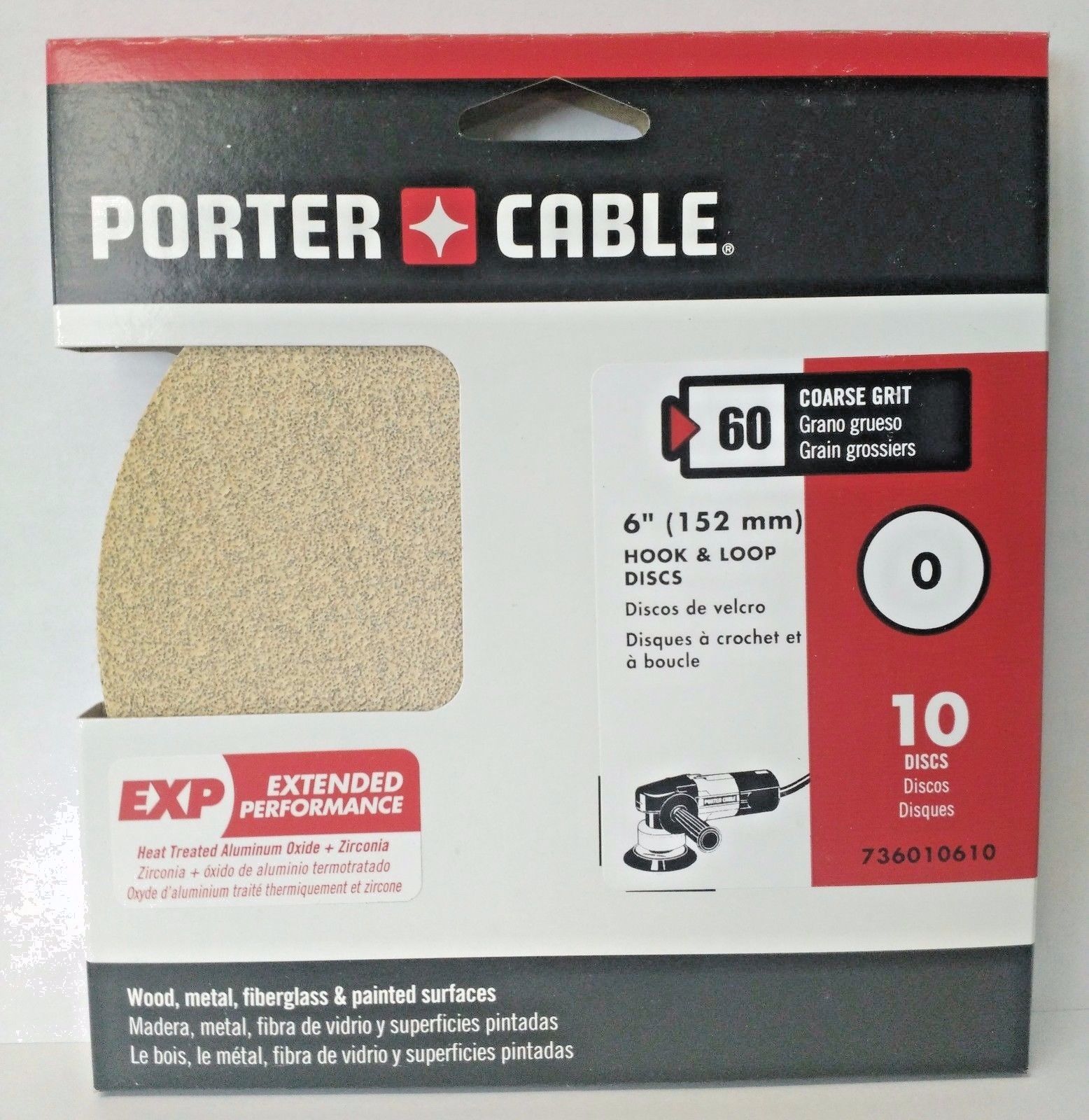 Porter Cable 736010610 6" Hook & Loop No Hole 60 Grit Sandpaper 10 Discs