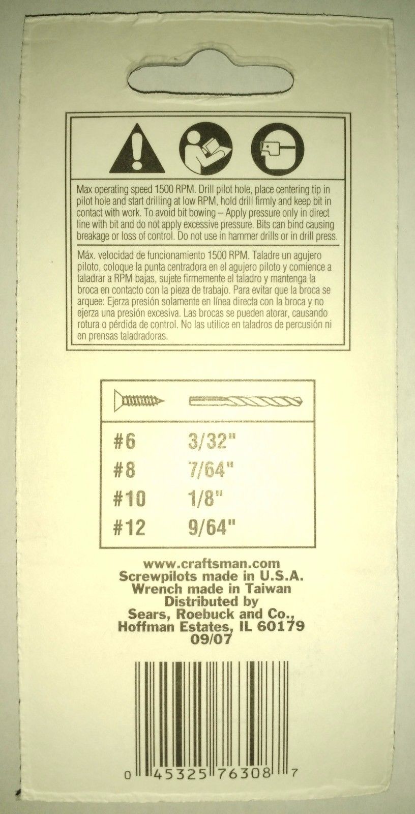 Craftsman Screw Pilot 4 Piece Set (#6, #8, #10, & #12) 66260 USA