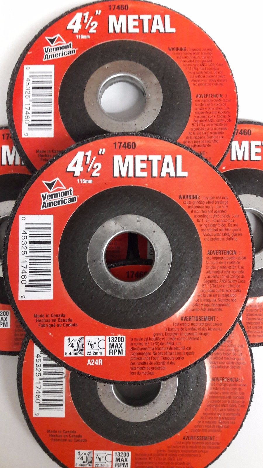 Vermont American 17460 Type 27 4-1/2" x 1/4" x 7/8" Metal Abrasive Wheel 5PCS