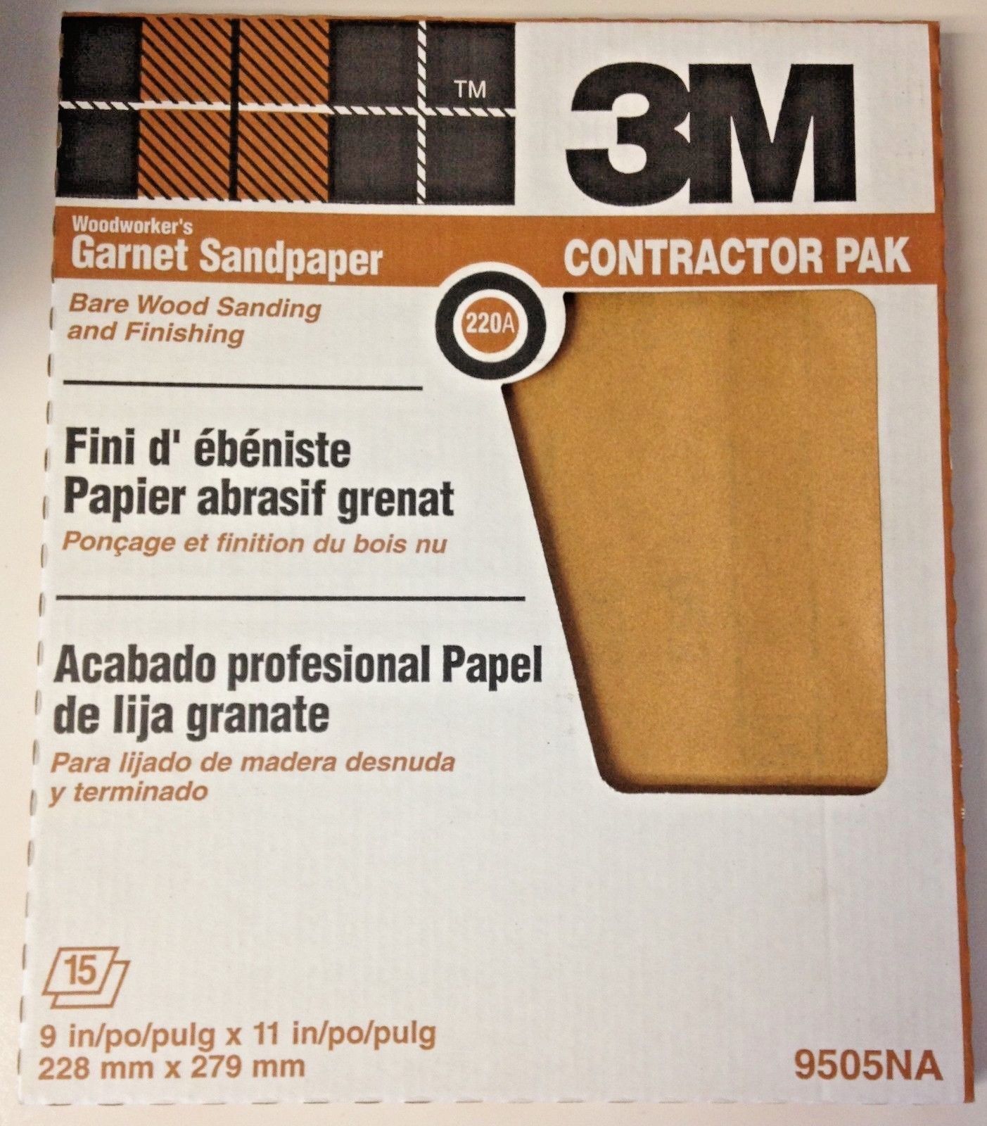 3M 9505NA 9" x 11" 220A Grit Garnet Sandpaper Bare Wood / Finishing 15 Sheets