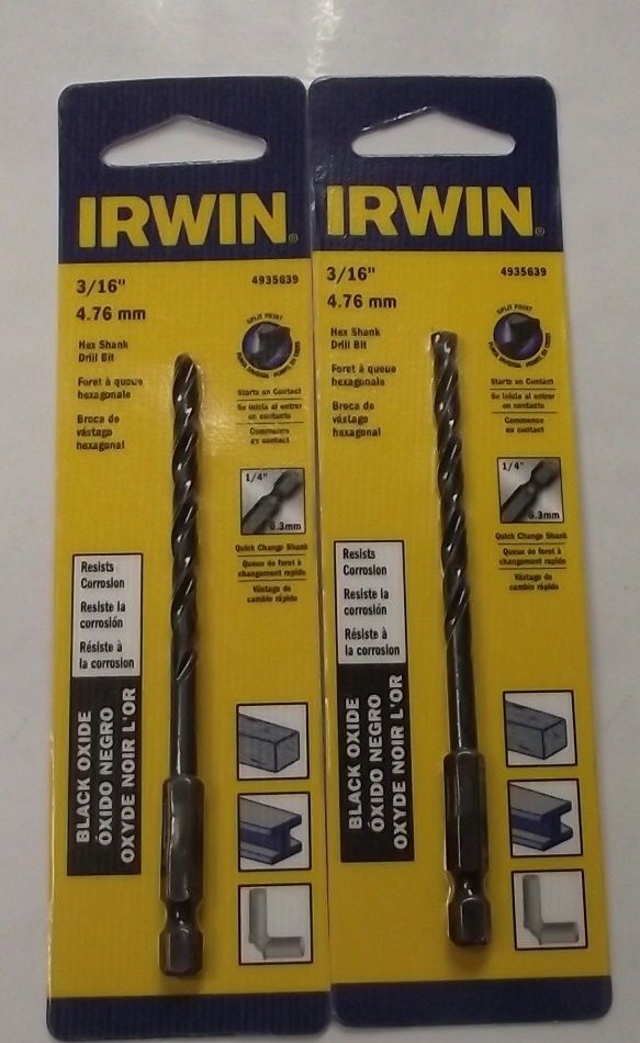 Irwin 4935639 3/16" Black Oxide Hex Shank Drill Bit 2 Packs