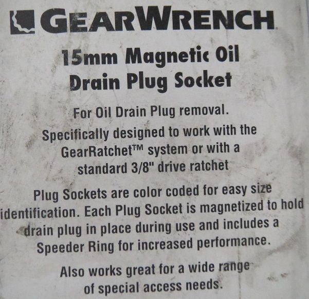 Gear Wrench 3874 15mm Magnetic Oil Drain Plug Socket