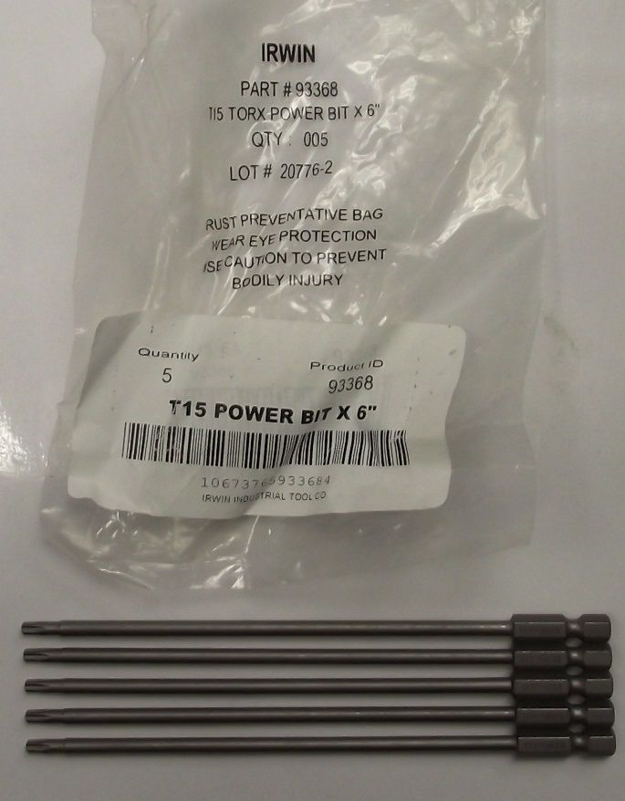 Irwin 93368 Torx Power Bit T15 1/4" Hex Drive, 6" OAL 5pcs.