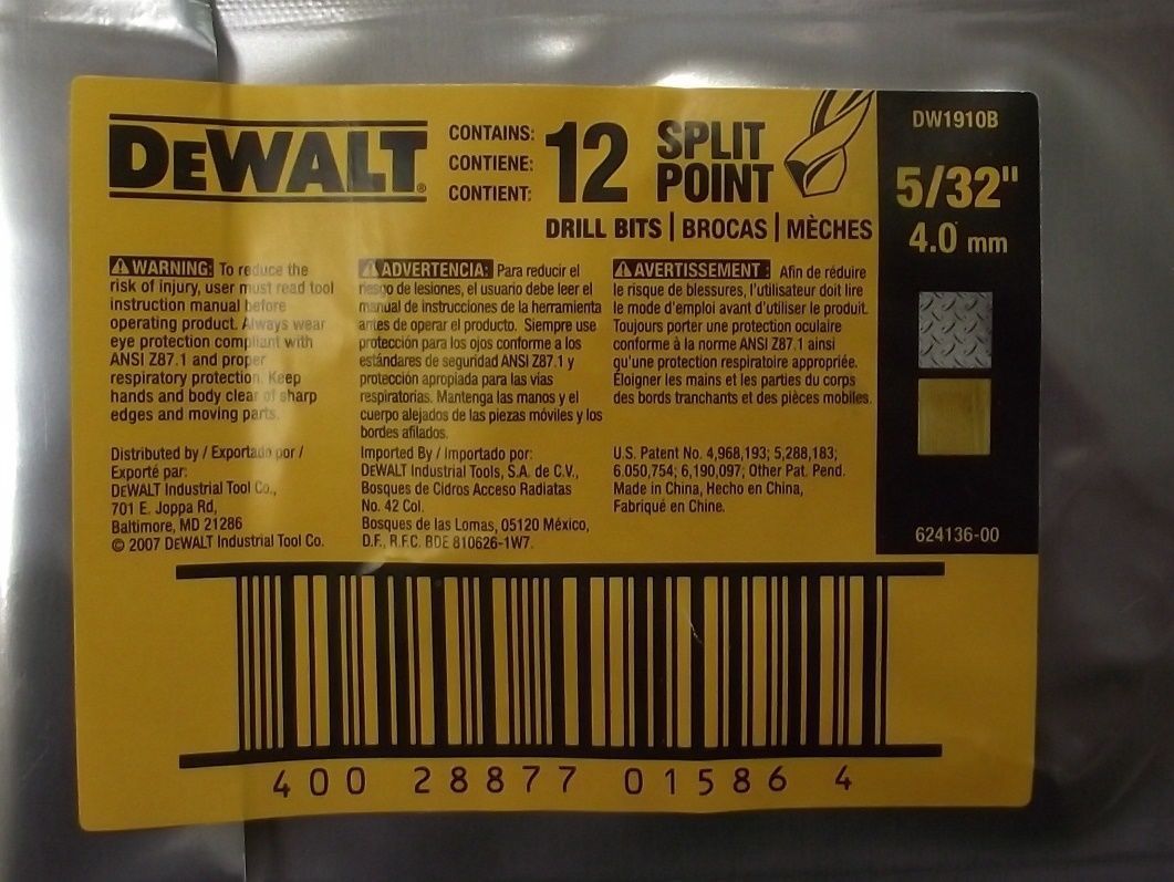 DEWALT DW1910B 5/32" Gold Ferrous Oxide Split Point Twist Drill Bit 12 Bits