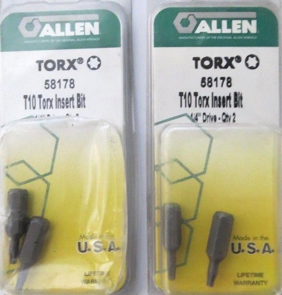 Allen 58178 2 PK T10 Torx Insert Bits 1/4" Drive 2 Packs USA