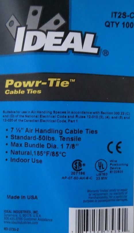 Ideal  IT2S-C Cable Tie Air Handling 7 1/2" 50lb 100pcs. 2 PACKS
