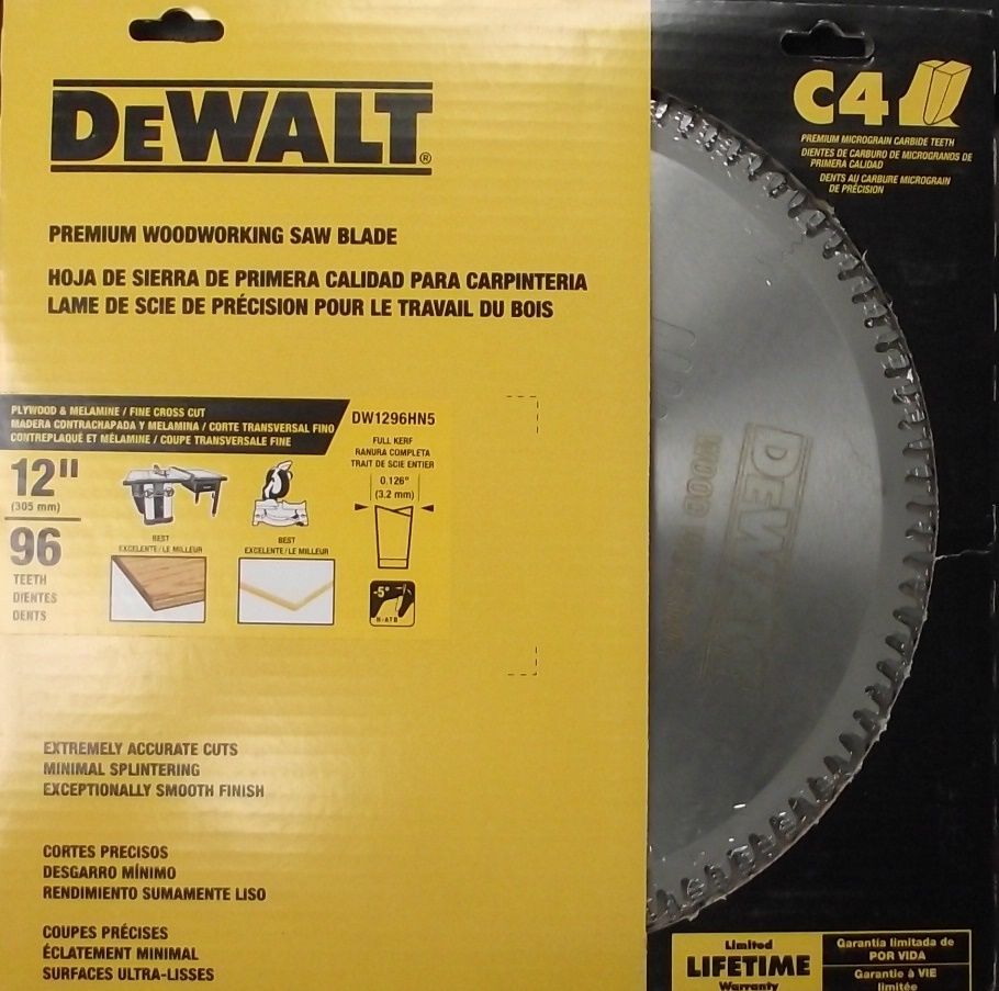 Dewalt DW1296HN5 12" x 96 Tooth Ply & Melamine Circular Saw Blade USA