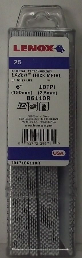 Lenox 20171B6110R 6" x 1" x .042" Metal Cutting Recip Saw Blade 10tpi 25pk USA