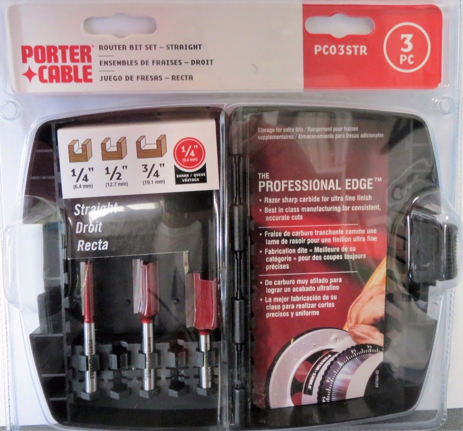 Porter Cable PC03STR 3 Piece Straight Router Bit Set & Case 1/4-Inch Shank