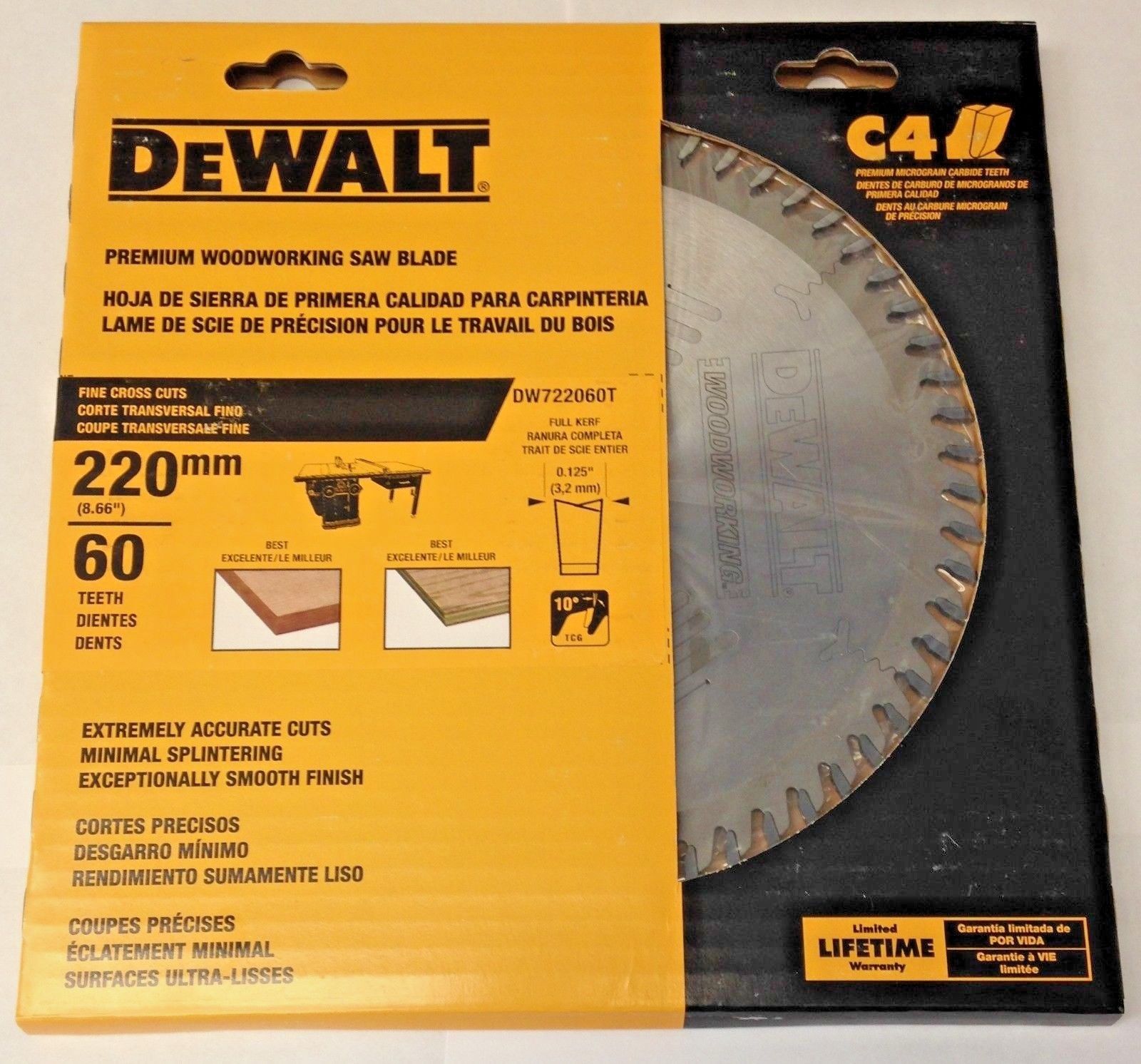 Dewalt DW722060T 220mm x 60 Teeth Full Kerf Premium Woodworking Saw Blade USA