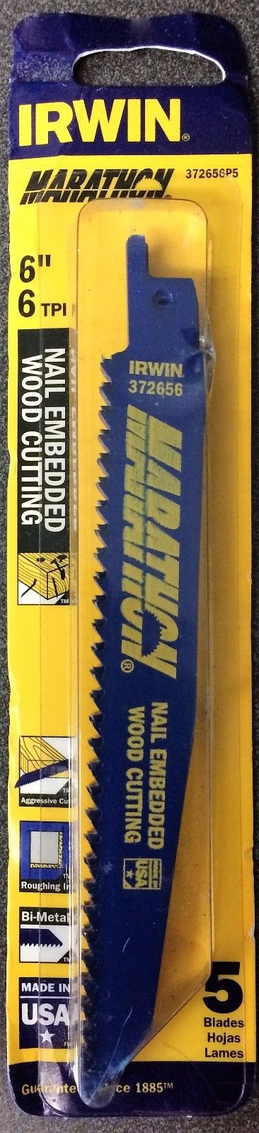 Irwin 372656P5 6" x 6TPI Bi-Metal Reciprocating Saw Blade 5PK USA