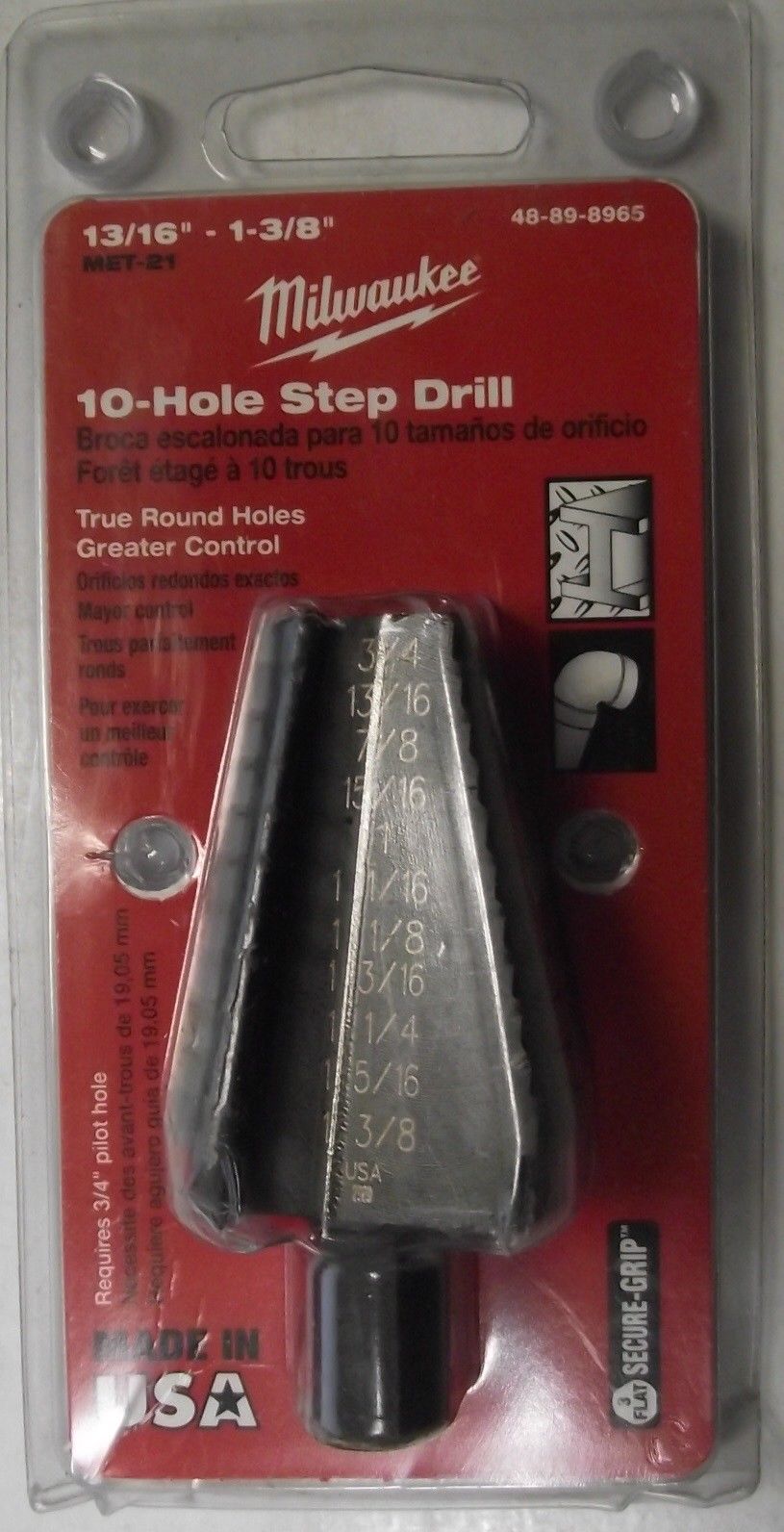 MILWAUKEE 48-89-8965 13/16" TO 1 3/8" 10 Hole Black Oxide Step Drill Bit USA